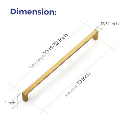 Image of Ravinte Brushed Gold Kitchen Cabinet Solid Handles,10 Inch,5 Pack | Solid Zinc Alloy, Modern Slim Style, Square Design, Deep-Thread Firm Base, Screws Included, for Kitchen Drawers & Cupboards