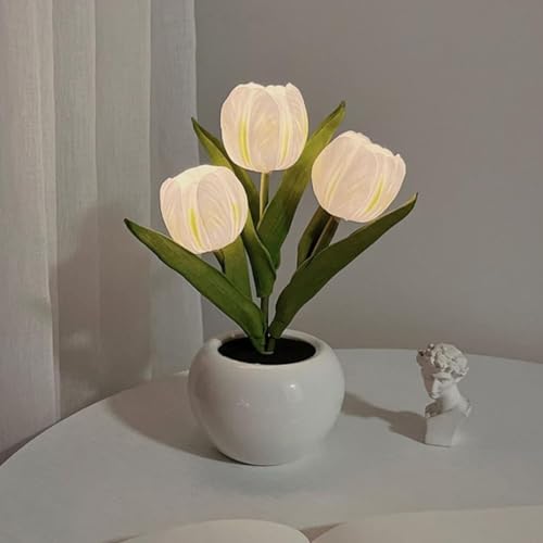 チューリップ テーブルランプ 雰囲気LEDライト 枕元スタンド 卓上照明 装飾の電気スタンド おしゃれ かわいい 夜間インテリアライト 授乳 寝室 床置き プレゼント 贈り物 ロマンチック (ホワイト,バッテリーモデル)