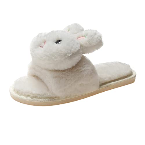 FNKDOR Winter Hausschuhe Damen Plüsch Pantoffeln Damen Mode Karikatur Kaninchen dekorative offene Zehe Flauschige Bequeme Flache Baumwollhausschuhe Cover