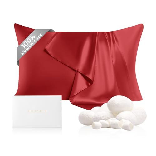 Image of THXSILK 100% Pure Mulberry Silk Pillowcase for Hair and Skin, Highest 6A+ Grade 22 Momme Silk Pillow Case Standard Size, Silk Pillowcase with Zipper (Red, Standard Size 20 inchx26 inch)