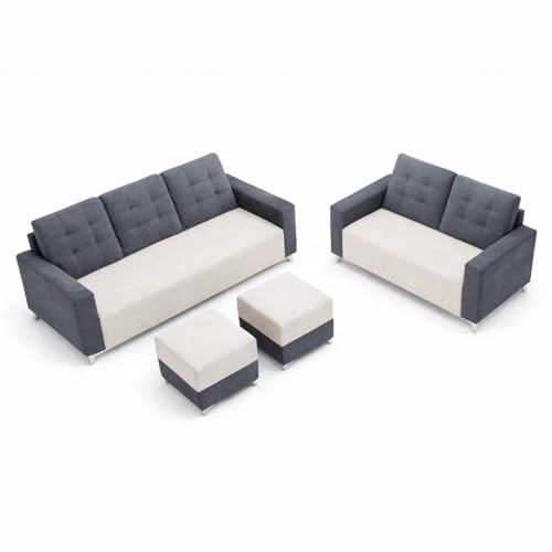 Image of Hakuna Dual Tone Plush Velvet 3 Seater + 2 Seater Sofa Set with 2 Ottoman | Silken Velvet Suede Upholstery | Designer Sofa for Living Room & Office Spaces (Dark Grey & Cream)