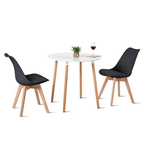 H.J WeDoo Table à Manger avec 2 Chaises, Table en Bois et Noir Chaise Scandinave Ensemble de Table à Manger, pour Salle à Manger Cuisine 80 cm