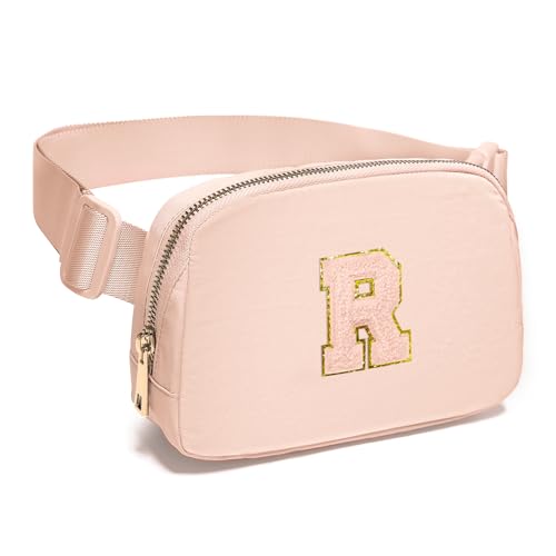 Image of Gitus Gifts for 8 9 10 11 12 Year Old Girls Belt Bag Fanny Pack Crossbody Bags with Initial Letter Patch Cute Stuff Birthday Gifts for Teen Girls Women Personalized Trend Stuff (Coral Pink-R)