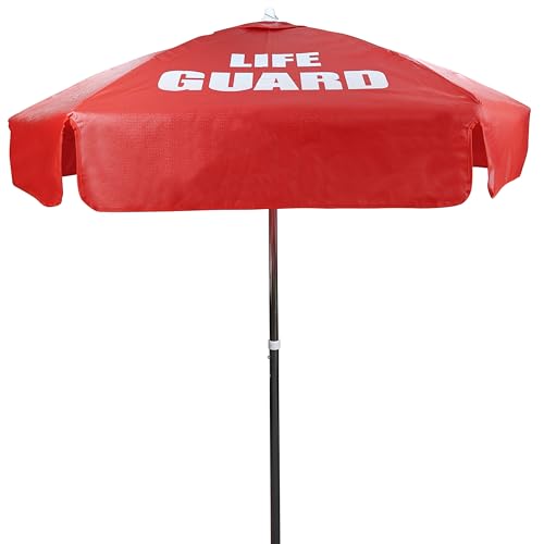 Kemp USA Heavy Duty Vinyl Lifeguard Umbrella 6 Ft Canopy Patio Beach Pool Shade Umbrella with 45 Degree Tilt Mechanism Portable Aluminum Pole Red LIFE GUARD Logo