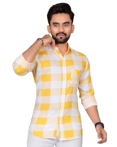 Image of Voroxy Men's Casual Checks Shirt with Pockets Cotton Blend Stylish Branded Checkered Pattern Formal Shirt & Regular Fit Full Sleeves and Spread Collar Style