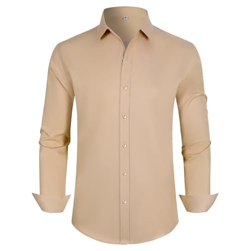 Men's Dress Shirts Regular Fit Solid Long Sleeve Formal Shirt Business Casual Button Down Shirts Large 00097_khaki