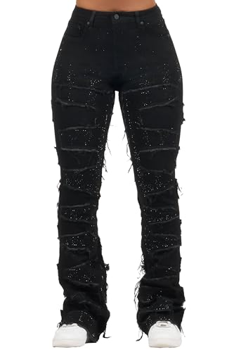 ROCKSTAR ORIGINAL Women's Zariyah Black Rhinestone Stacked Flare Jean | Size: Medium