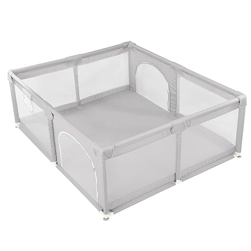 XUANYU Parque Bebé con Ventosas Inferiores, 2 Puerta con Cremallera, 2 Anillos Colgantes, Parque de Juego Antideslizante Parque Bebe Modulable Parque Infantil para la Casa (Gris-L150 x 150 x 68 cm)
