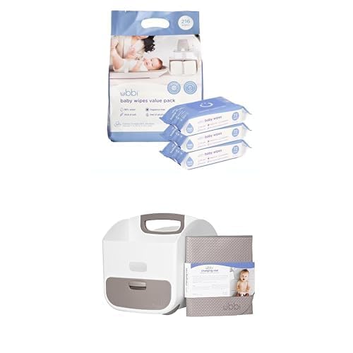 Bundle of Ubbi Fragrance-Free Baby Wipes, 99% Water and Plant Based, Hypoallergenic with Chamomile, Vitamin E &amp; Aloe, EWG Verified, 3 Pack (216 Wipes Total) + Diaper Caddy and Changing Mat, Taupe