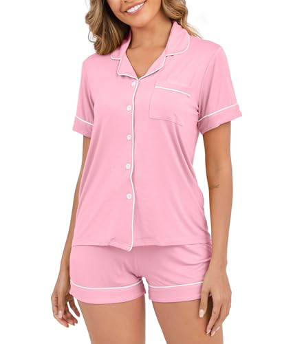 Image of Womens Pajamas Set Short Sleeve Sleepwear Button Down Pjs Shorts Set Soft Pjs Lounge Set With Pockets