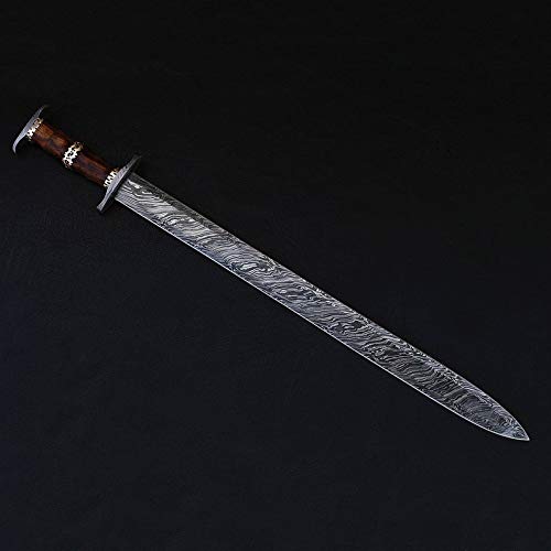 WAZ Sword ! Damascus Sword ! Custom Handmade Damascus Steel Celtic Sword with Custom Leather Sheath ! Hunting Sword Outdoor Sword !