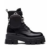 Trelako Women's Combat Boots Chunky Lug Sole Ankle Boots With Pouch Pocket Platform Lace Up Short Booties Mid Calf Buckle Casual Shoes