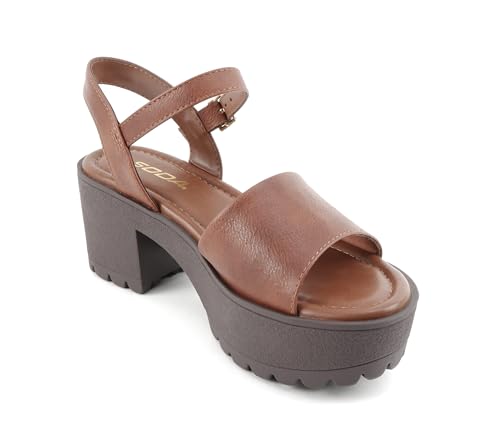 Image of Soda inchStacie inch ~ Women Open Toe Lug Sole Mid Block Heeled Sandals with Adjustable Ankle Strap