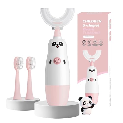 子供用 U字電動歯ブラシ ブラシヘッド2個付き 幼児ソニック 360度掃除 柔らかい毛 電池付き IPX7防水 女の子と男の子のかわいい漫画 2-7歳 (ピンク)