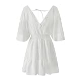 Women's Lace Crochet Romper Dress,Batwing Sleeve Backless Ruffle Dresses,Buttons Down Swing Beach Dress (White, M) - Image 8