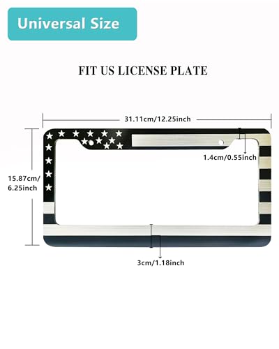 Image of American Flag License Plate Frame - 2 Pack Black Patriotic Car Tag Frames | Front Rear Patriotic USA Holder, Heavy Duty Brushed Aluminum Plastic Composite, 2 Holes, Includes Screws & Caps