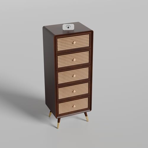 Image of Solid Sheesham Wood Chest of 5 Drawers | Multipurpose Console Dresser with 5-Compartment Storage Cabinet with Rattan Cane Design for Bedroom, Living Room & Office | Walnut Finish