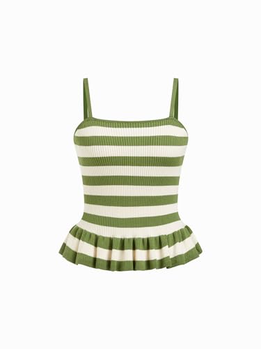 CIDER Striped Peplum Crop Tank Tops for Women Sleeveless Square Neck Ruffle Knit Tops Summer Vacation Outfits Green