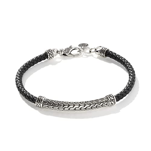John Hardy Classic Chain Silver Station Bracelet On 4Mm Black Woven Leather With Lobster Clasp (Large) #TOP1
