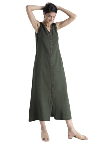 Image of FableStreet Women Casual Midi Cotton Button Down A-Line Dress | Button Down Flowly Dress Perfect for Outings