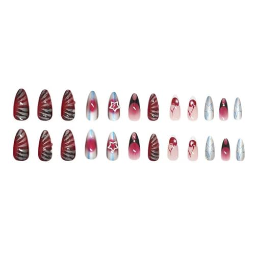 Image of Press on Nails Medium Almond Fake Nails Star Nail Press ons Ombre Glue on Nails Ripple False Nail with Metal Design Glossy Full Cover Artificial Acrylic Stick on Nail foe Women Girls Manicure 24Pcs
