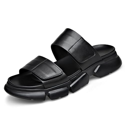 Men's Leather Slip-On Chunky Platform Non-Slip Sandals Fashion Round Open Toe Wide Double Strap Soft Bottom Slide Sandals Summer Walking Beach Slides