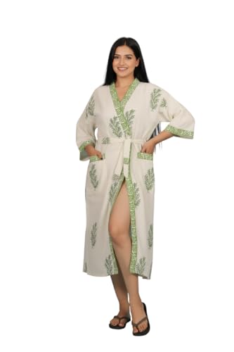 Image of Hand Block Print 100% Cotton Waffle Fabric White Bathrobe For Women's Ultra-Soft & Lightweight After Bath Spa Bathrobe | Highly Absorbent Green