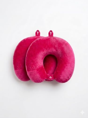 Image of Ultra Soft Travel Neck Pillow with Hanging Loop Snap Button Closure for Home Office and Airplane Flight, Bus, Car, Train Travelling Use [Pink] (Pack of 2)
