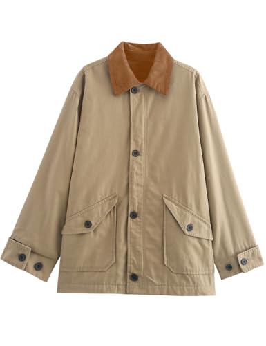 Kissonic Womens Oversized Barn Jacket Button Down Corduroy Lapel Collar Canvas Jacket Outwear