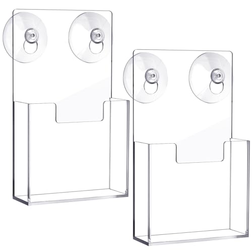 Thyle 2 Pcs Acrylic Brochure Holder with Suction Cups Wall Mount 4 x 6 Inch Window Clear Plastic Pamphlet Organizer Flyer Display Rack for Trifold Page Booklet Sticker Marketing Office Retail Shop