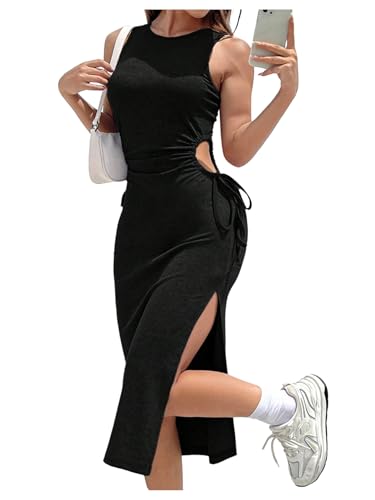 Floerns Vestido de tirantes para mujer, con abertura y cordón, cuello redondo, fruncido, entallado, por debajo de la rodilla, Negro -, XS