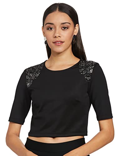 Image of RIVER Namrata Joshipura Solid Premium Designer Women's Crop Top with Embroidery RS2NJTP313A Black
