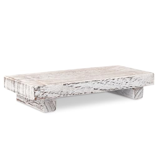 Image of Small Wood Tray Pedestal Stand Farmhouse Bathroom Decor Decorative Wooden Riser Kitchen Soap Dish Holder for Vanity, Counter, Sink, Retro White