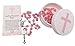 Westmon Works First Communion Rosary Set for Girls with Pink Rose Shaped Bead Case and Holy Card