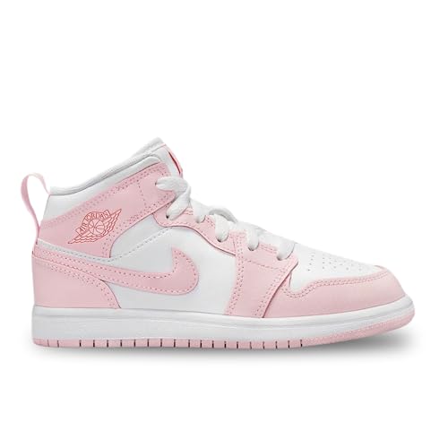 Jordan 1 Mid Little Kids' Shoes (DQ8424-608, Pink Foam/Fire Red/White)2
