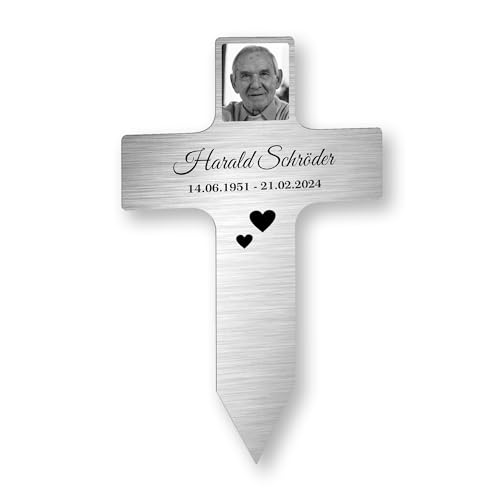INDIGOS UG - Piquet funéraire - 100 cm - Croix aspect acier inoxydable - Piquet commémoratif résistant aux intempéries comme décoration funéraire - Personnalisé avec texte, date et photo -