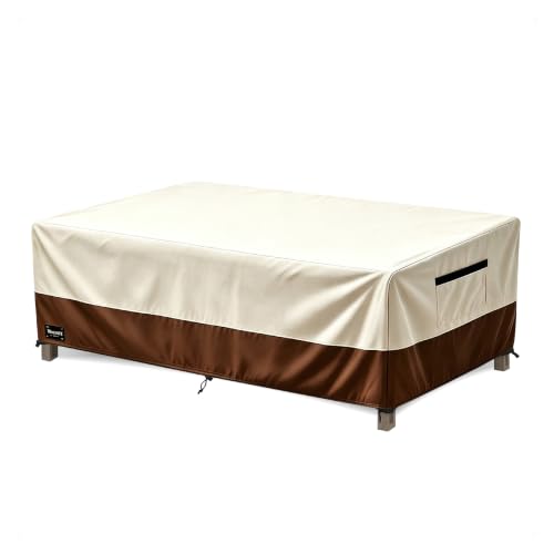 Uoceit Patio Coffee Table Cover,48Wx28Dx16H Inches 100% Waterproof 600D Heavy Duty Outdoor Rectangular Side Table Cover,Beige&Brown Modern Style Outdoor Furniture Covers