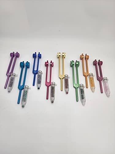YANTRA Chakra Weighted Tuning Fork Set of 8 with Acrylic Gem Fused Removable Wand for Oil Massage Acupressure Alternative Therapy Healing Relaxation