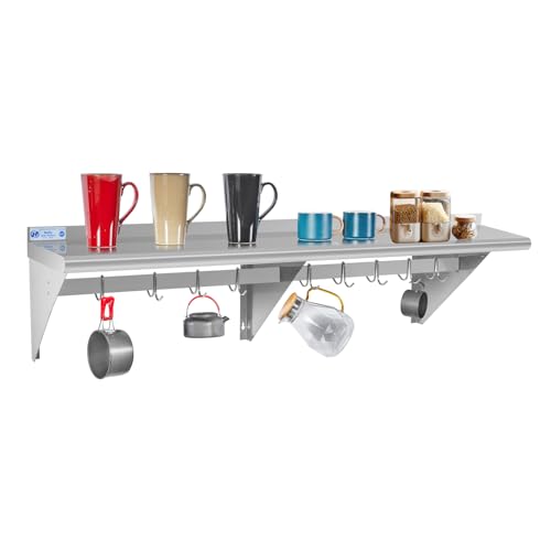 Image of Hally Stainless Steel Shelf with 9 Hooks 18 inch x 60 inch Wall Mounted Pot Rack 450lb, NSF Commercial Floating Shelving for Storage Hanging Pots, Pans, cookware in Restaurant, Kitchen, Home and Hotel