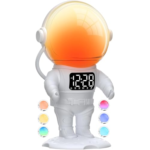 Avalynese Reveil simulateur d'aube avec Haut-Parleur Bluetooth, 7 Sonneries, 21 Sons de Sommeil, 22 Couleurs de lumière, Snooze, Minuteur, Forme en Astronaute pour Enfant garçon ado