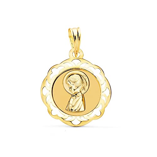 Medalla Virgen Niña oro 18k de 20mm para Primera Comunión con cerco calado