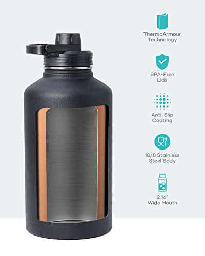 BUZIO 64 oz Water Bottle Insulated with Straw & 3 lid and Carrying Pouch, Leak Proof Half Gallon Stainless Steel Water Flask Jug, Cold for 48 Hrs Double Vacuum Thermo Canteen, BPA-Free, Black - Thumbnail 4