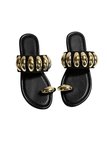 GORGLITTER Women's Gold Metallic Flat Sandals Dressy Open Toe Flip Flops Slides Shoes