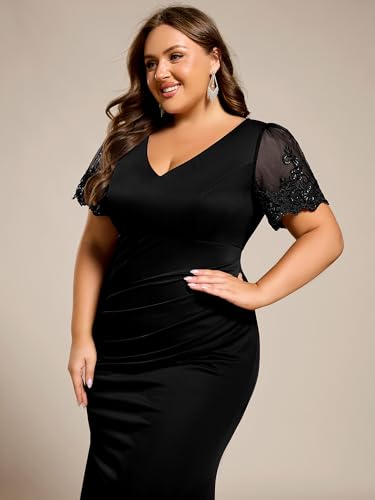 Image of Ever-Pretty Women's High Stretch V Neck Short Sleeves Chiffon Bodycon Maxi Plus Size Mother of The Bride Dresses Black US18