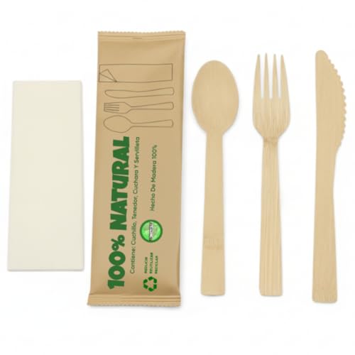 Jofisa Set de Cubiertos Desechables de Madera con Servilleta – Tenedor, Cuchillo y Cuchara Envueltos Individualmente, 100% Biodegradables, Compostables y Sin Plástico para Eventos y Catering (50u.)