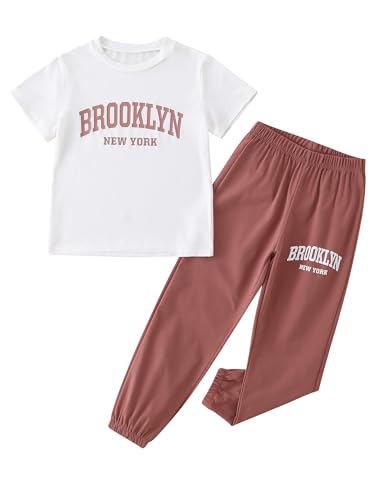 Image of Girls 2 Piece Pants Sets Graphic Cute T-shirt and Jogger Pants Girls Outfits for Casual, Dance Brick Red /White 9-10 Years