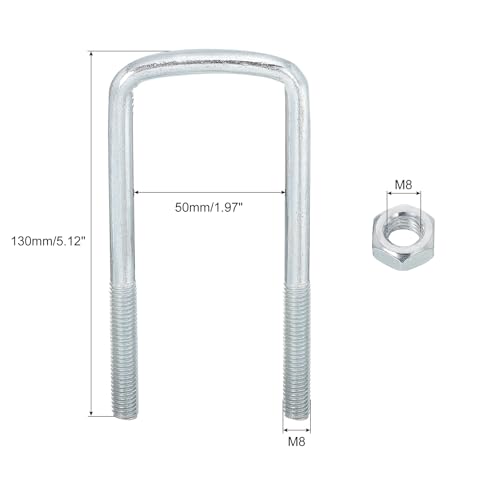 Image of uxcell Square U-Bolts, 8 Sets 50mm Inner Width 130mm Length M8 Zinc-Plated Carbon Steel U Clamp Bolt with Nuts and Plates, for Boat Trailer