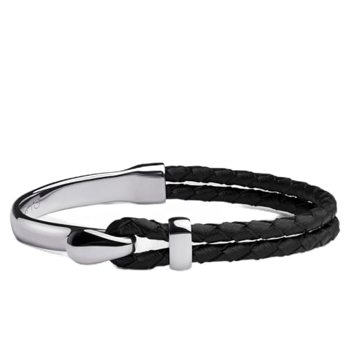 Elegatto Signature Premium Sterling Silver Bracelet for Men | Black Leather with Silver Polished Stainless Steel Hook Closure | Men’s Designer Jewelry Bracelets | Silver Medium