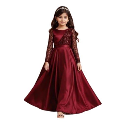 Girls Designer Floral Gown Dress with Elegant Pattern, Trendy Fashion Style and Premium Party Look Maroon 9-10 Y-image-20