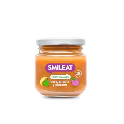 Smileat - Tarrito de Frutas Ecológicas con Pera Ciruela y Plátano para peques +6 Meses - Sin Azúcar Añadido Sin Sal Sin Leche Sin Huevos - 130g